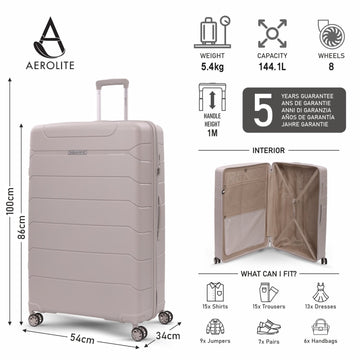 Aerolite 32” XL 144L Polypropylene (PP) Checked Luggage – Lightweight Extra Large Hard Shell Suitcase with 4 Spinner Wheels, TSA Lock & Waterproof Pocket – Cream